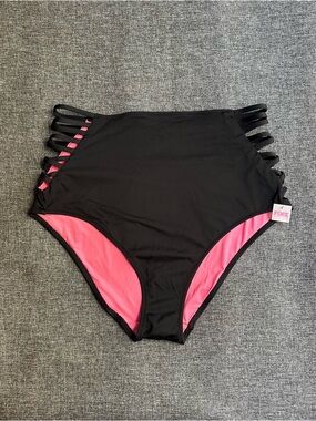 NWT Victoria’s Secret PINK High Waist Strappy Bikini Bottoms Swim Black Large